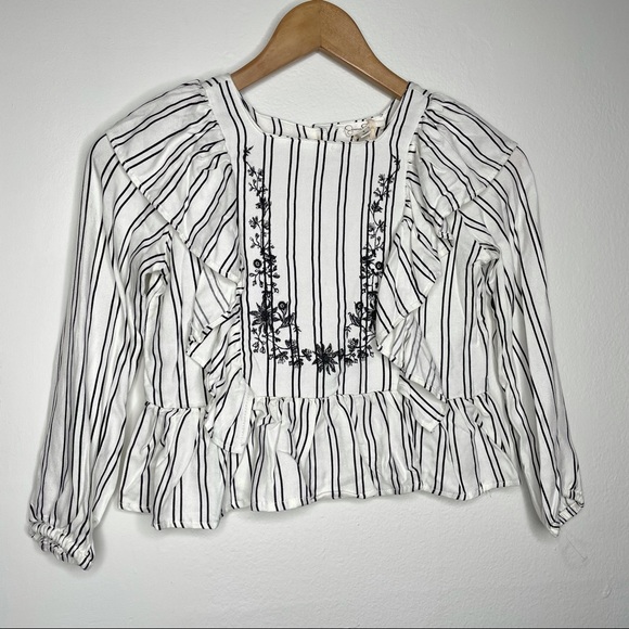 Jessica Simpson Embroidered Ruffled Cropped Blouse Striped 100% Rayon Size 6 - Picture 2 of 9